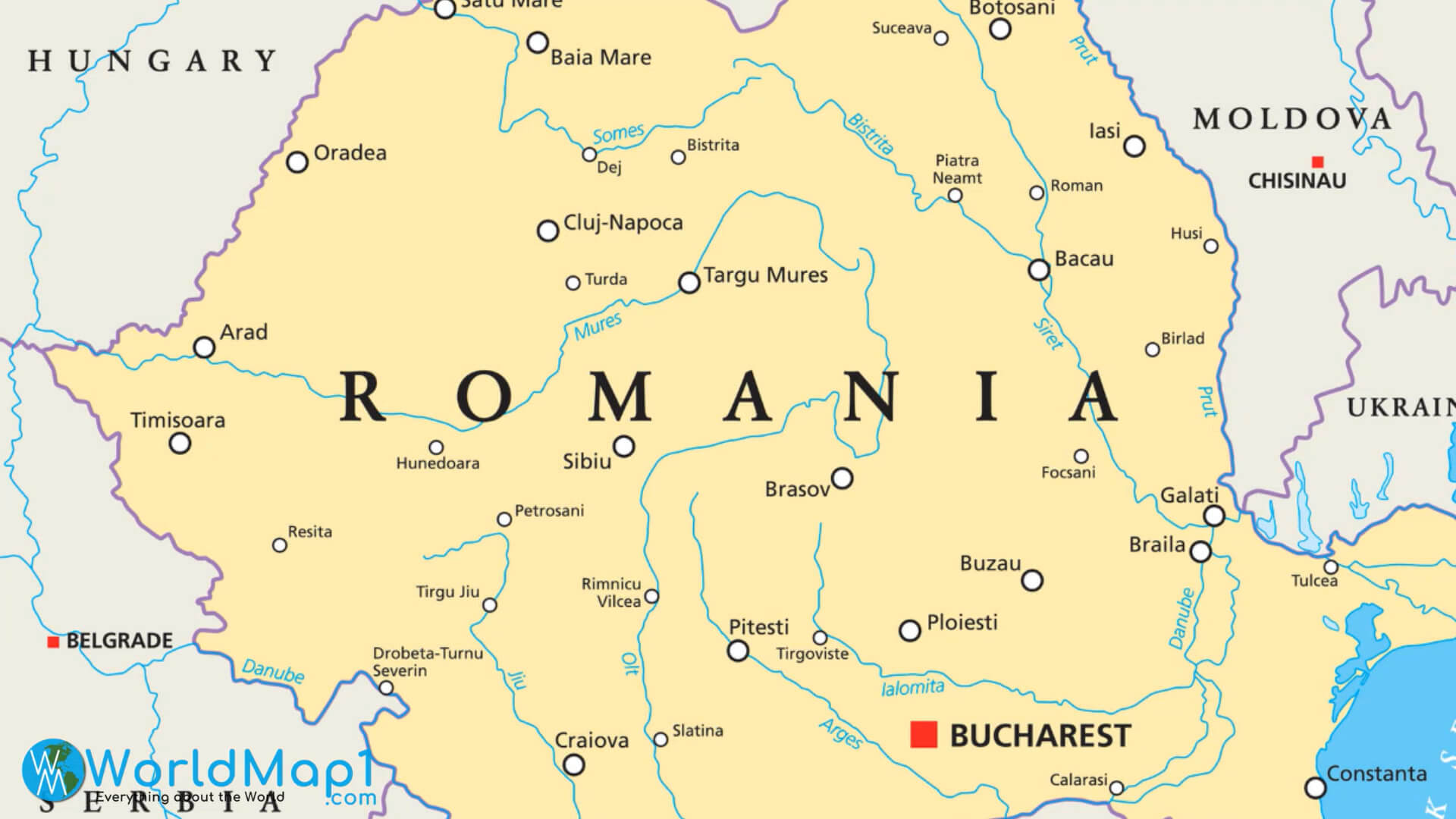 Romania Cities and Rivers Map